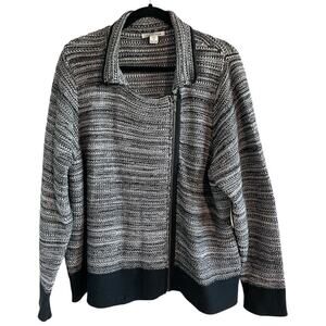 Coldwater Creek Black White Marled Cardigan Asymmetrical Zip Sweater 2X